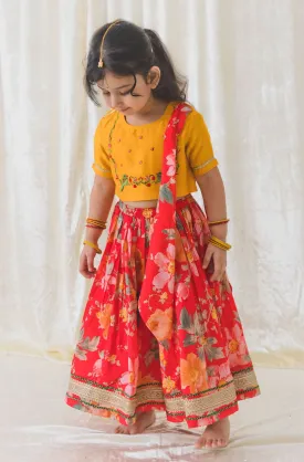 Girls Floral Fun Lehenga Set - Red