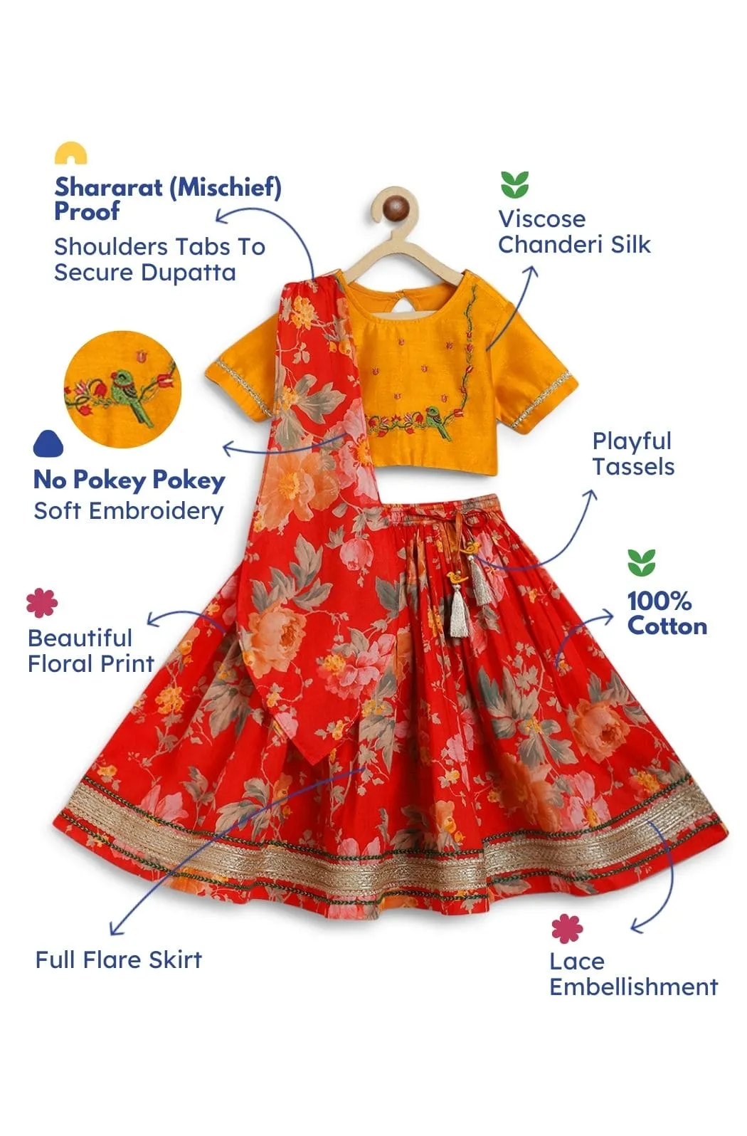 Girls Floral Fun Lehenga Set - Red