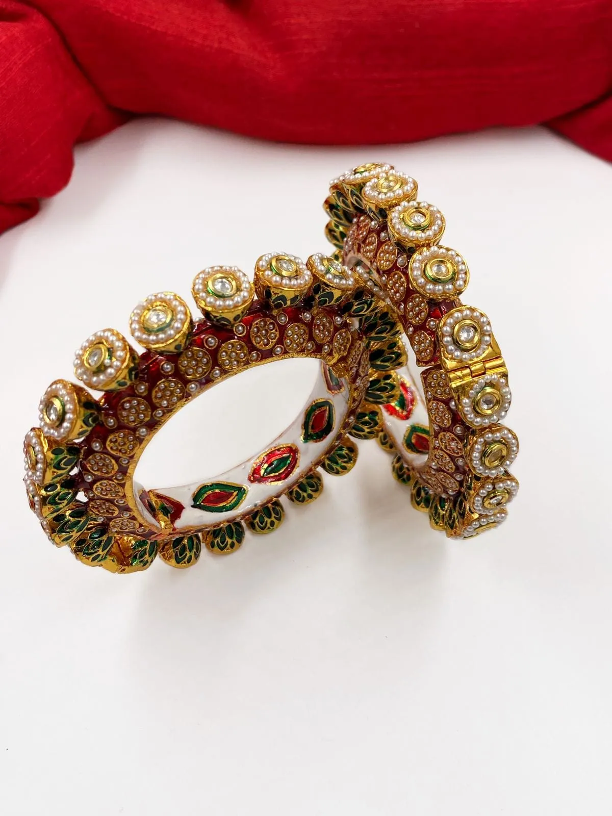 Gold Plated Kundan Meenakari And Pearls Pacheli Bangles For Women By Gehna Shop