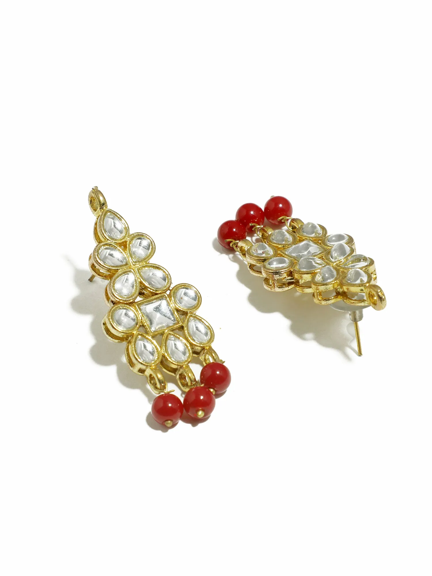 Gold Plated Red Beads Kundan Dangler Earrings with Maangtikka for Women