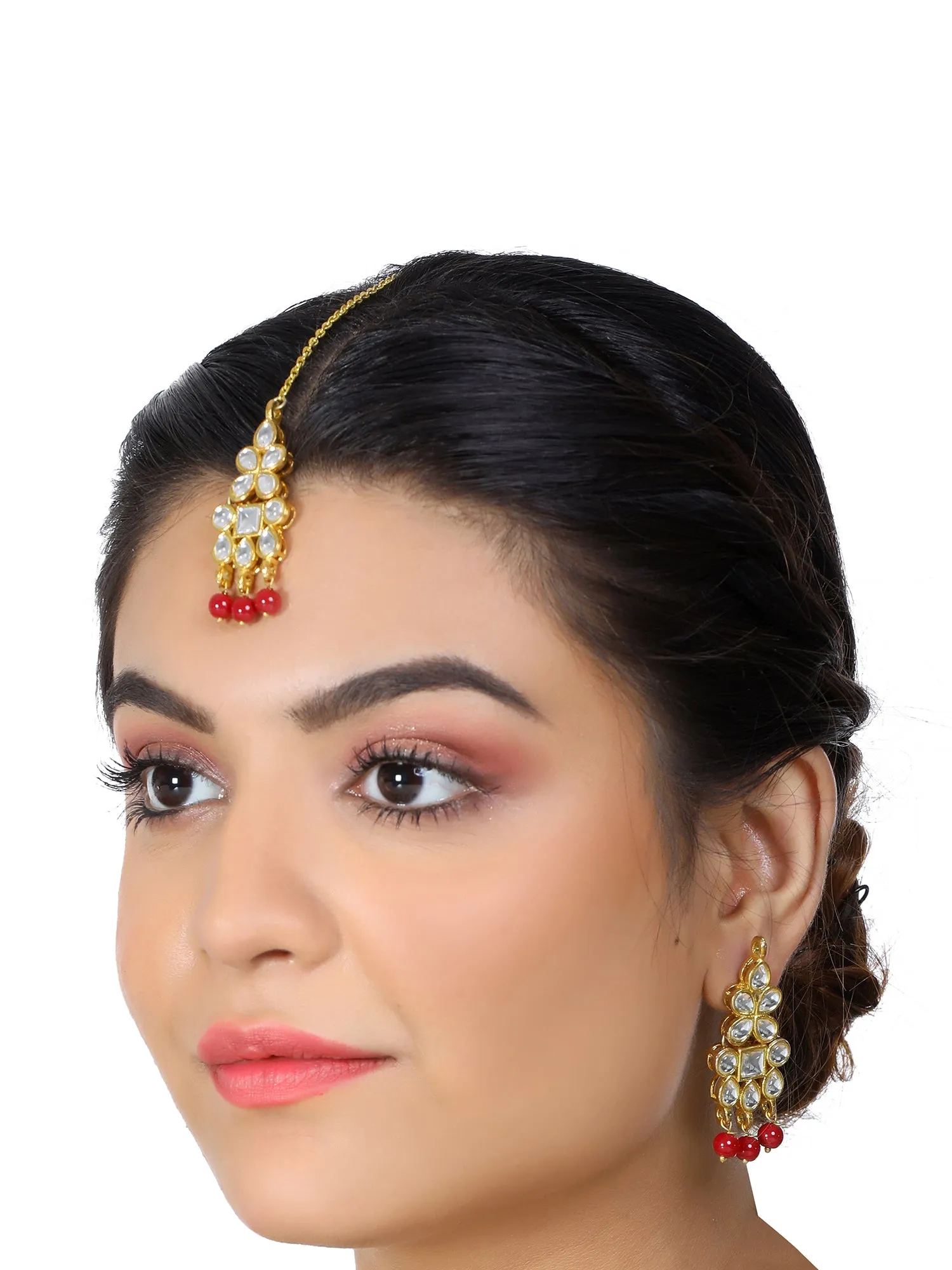 Gold Plated Red Beads Kundan Dangler Earrings with Maangtikka for Women