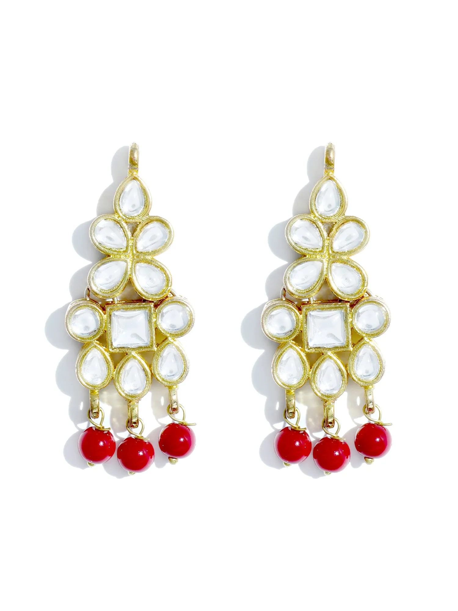 Gold Plated Red Beads Kundan Dangler Earrings with Maangtikka for Women