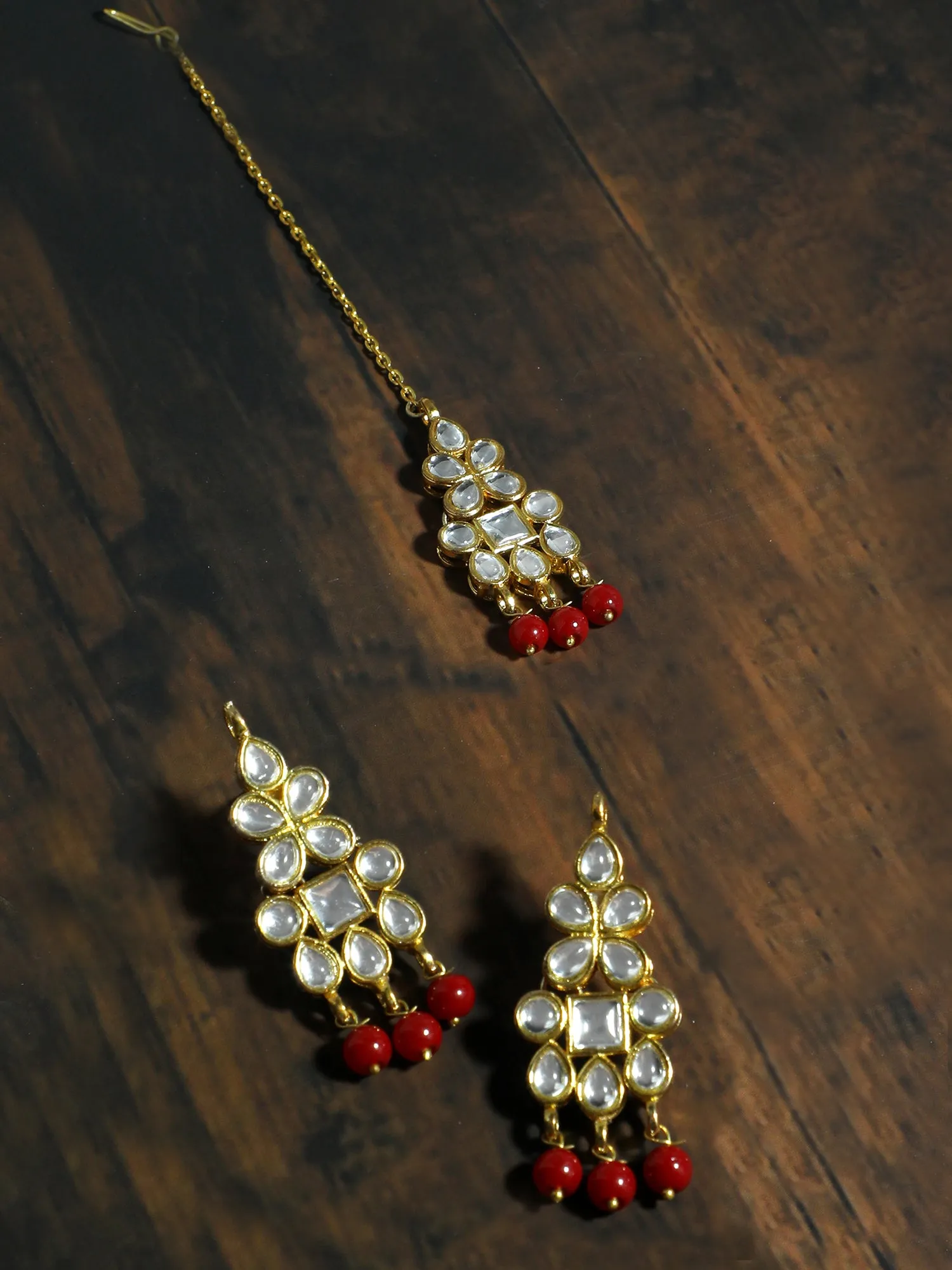 Gold Plated Red Beads Kundan Dangler Earrings with Maangtikka for Women