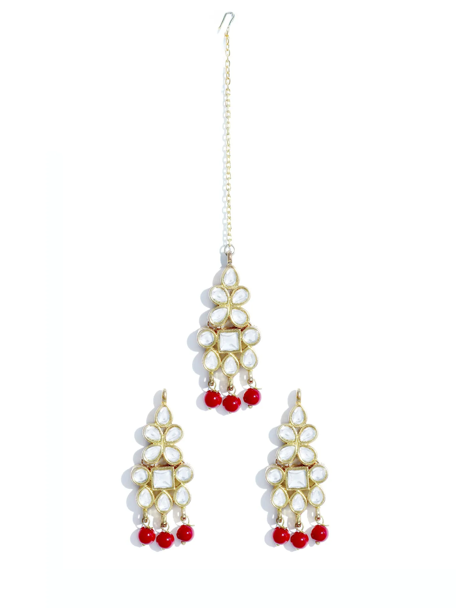 Gold Plated Red Beads Kundan Dangler Earrings with Maangtikka for Women