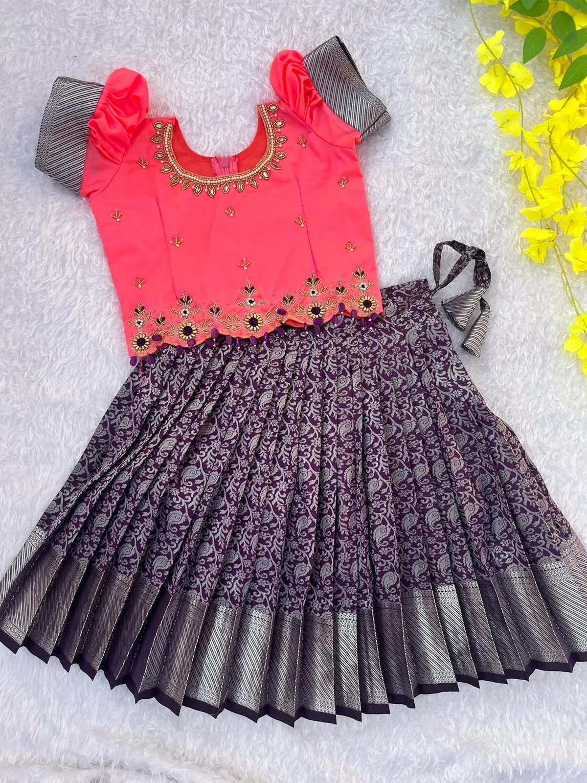 Golden Pink Crop Top with Purple Patterned Skirt