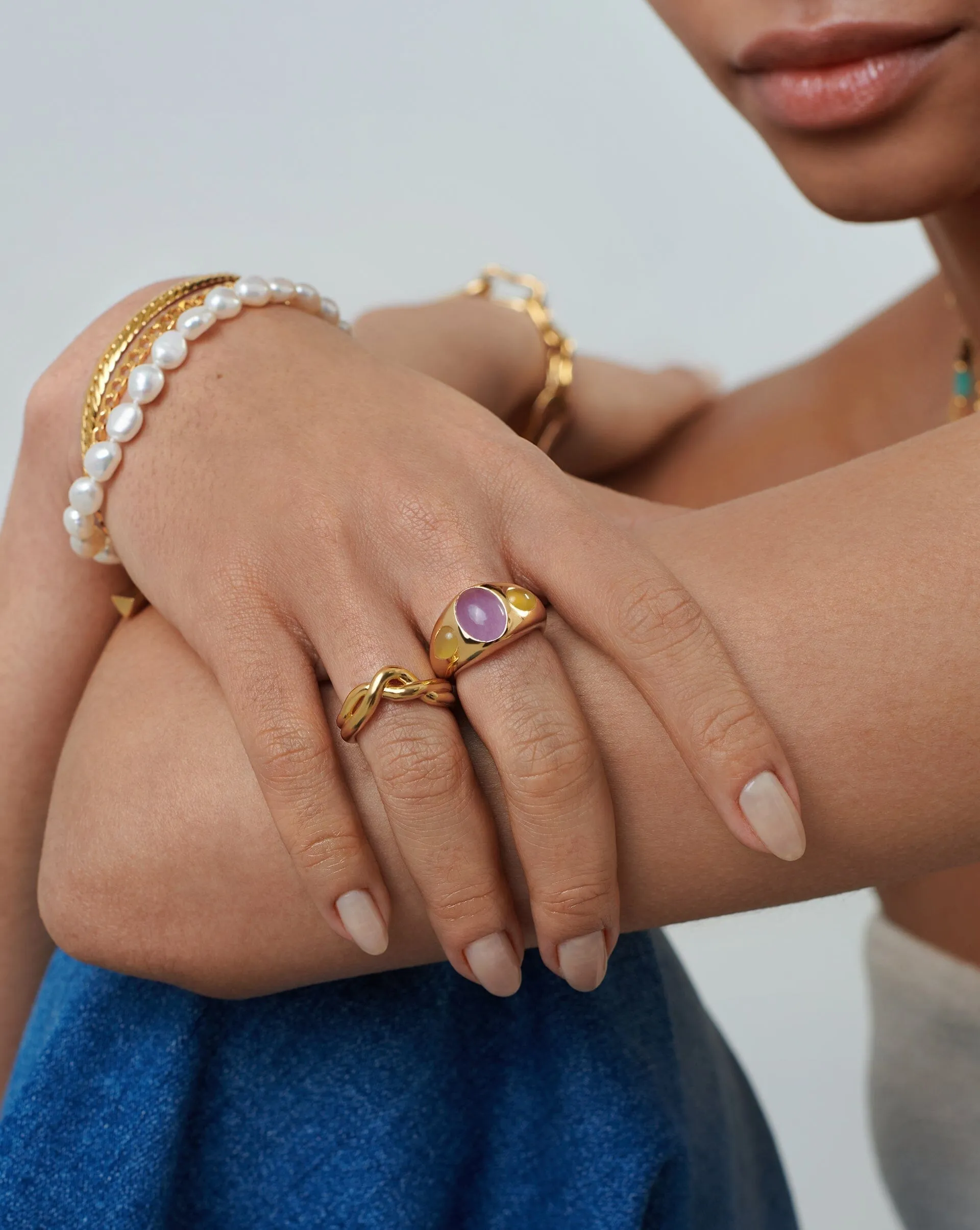 Good Vibes Triple Gemstone Dome Ring | 18ct Gold Plated/Purple Quartz & Mango Chalcedony