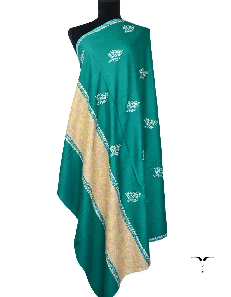 Green & Natural Pashmina Shawl With Sozni Work 5402