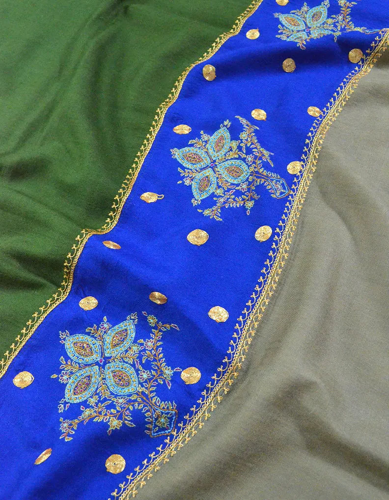 Green, Blue & Grey Pashmina Shawl WIth Tilla & Sozni 6974