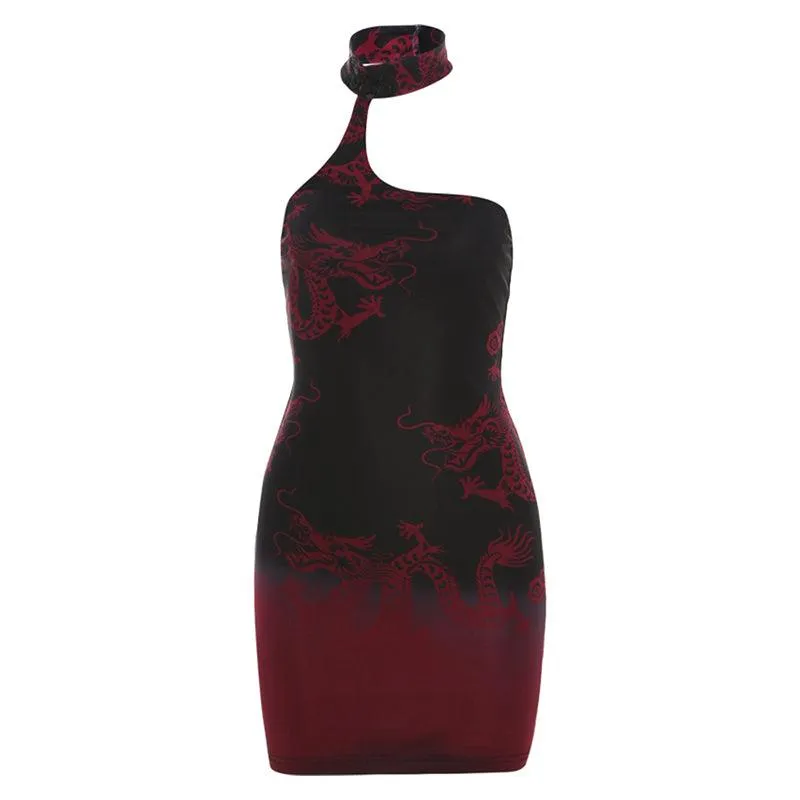 Halter Mini Dress With Dragon Graphics