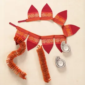 Handmade Cotton Fabric Toran, Engraved Diyas (2 pcs) with Orange festive door hangings (2pcs) Combo Set | Festive Decor Item | Handmade in India