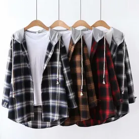 Harajuku Harmony: Plaid Drawstring Hooded Jacket Shirt - Elevate Your Casual Chic! 🌈👚