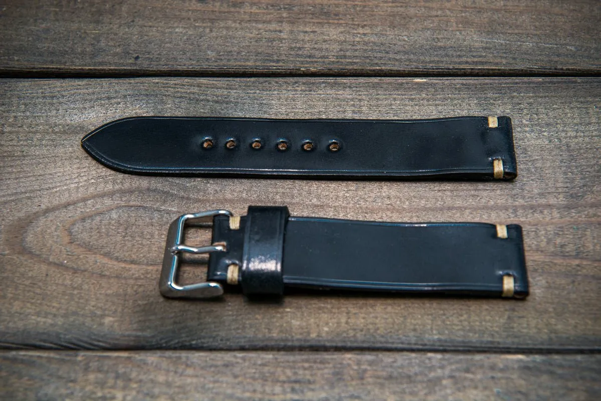 Horween Shell Cordovan leather watch strap, Black. Handmade in Finland - 10 mm, 12 mm, 14 mm, 16mm, 17 mm, 18mm, 19 mm, 20mm, 21 mm, 22mm, 23 mm, 24mm, 25 mm, 26 mm.