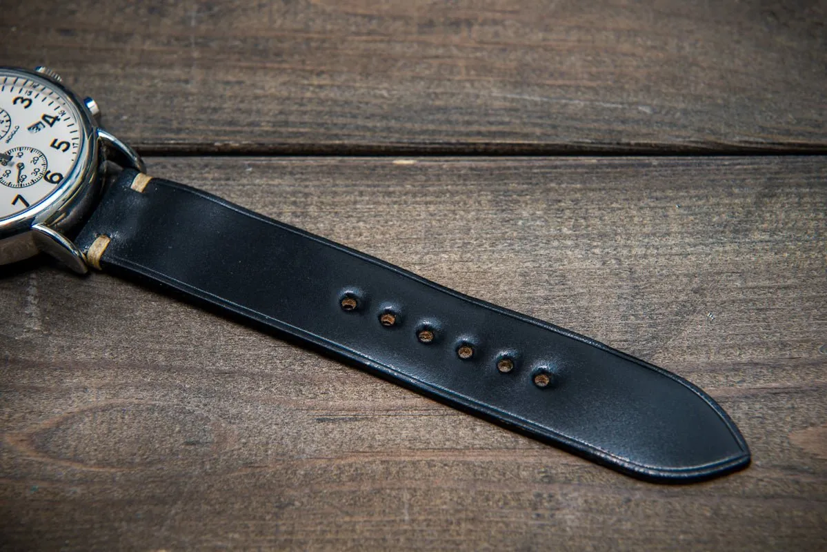 Horween Shell Cordovan leather watch strap, Black. Handmade in Finland - 10 mm, 12 mm, 14 mm, 16mm, 17 mm, 18mm, 19 mm, 20mm, 21 mm, 22mm, 23 mm, 24mm, 25 mm, 26 mm.