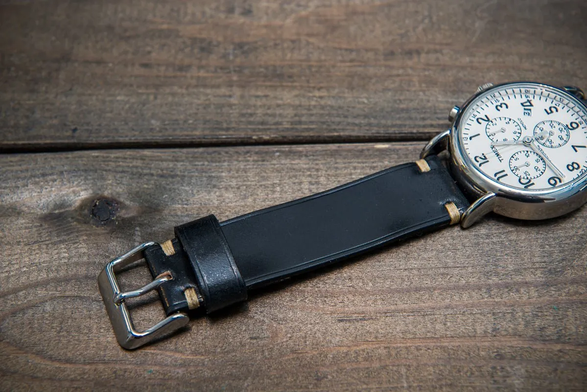 Horween Shell Cordovan leather watch strap, Black. Handmade in Finland - 10 mm, 12 mm, 14 mm, 16mm, 17 mm, 18mm, 19 mm, 20mm, 21 mm, 22mm, 23 mm, 24mm, 25 mm, 26 mm.