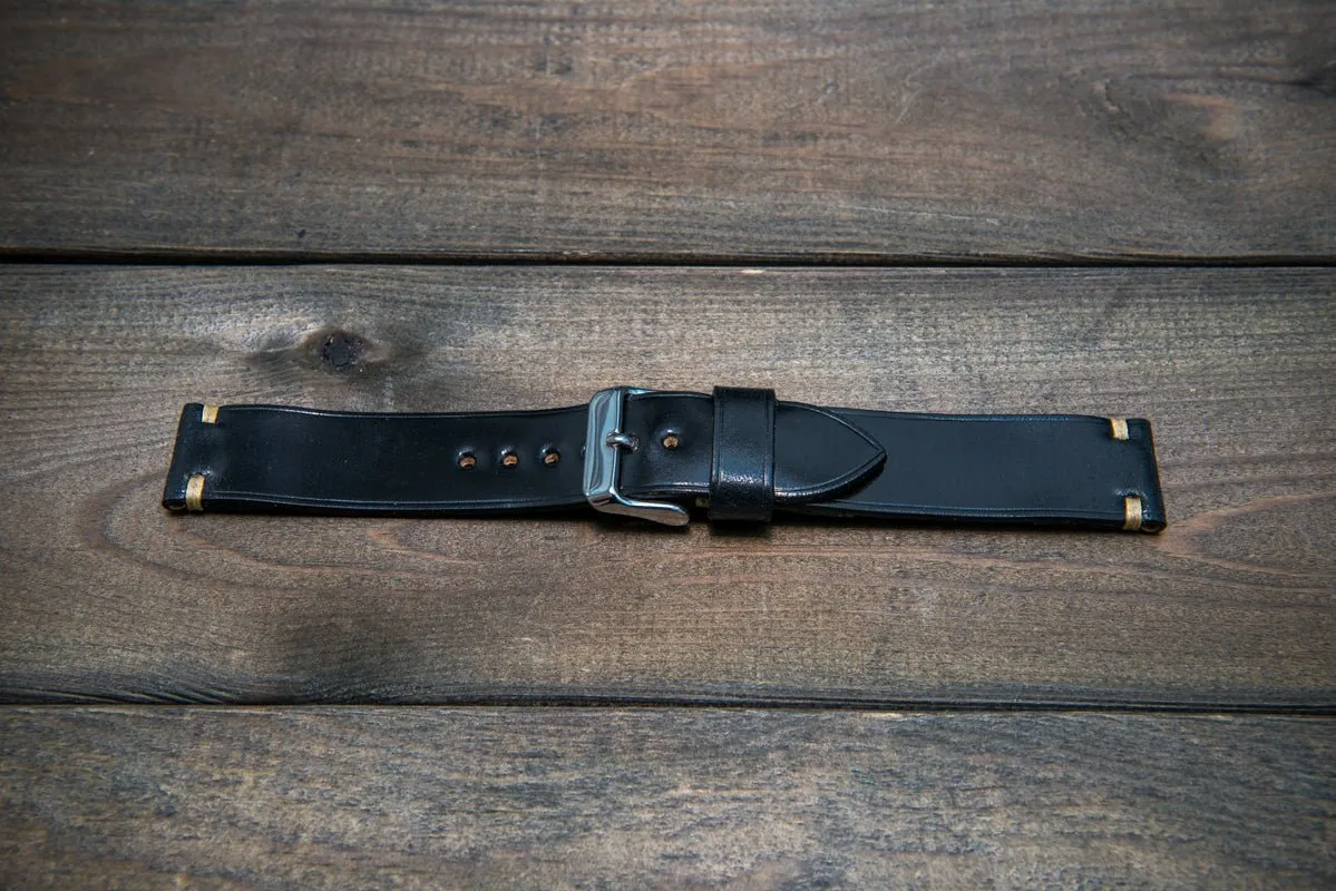 Horween Shell Cordovan leather watch strap, Black. Handmade in Finland - 10 mm, 12 mm, 14 mm, 16mm, 17 mm, 18mm, 19 mm, 20mm, 21 mm, 22mm, 23 mm, 24mm, 25 mm, 26 mm.