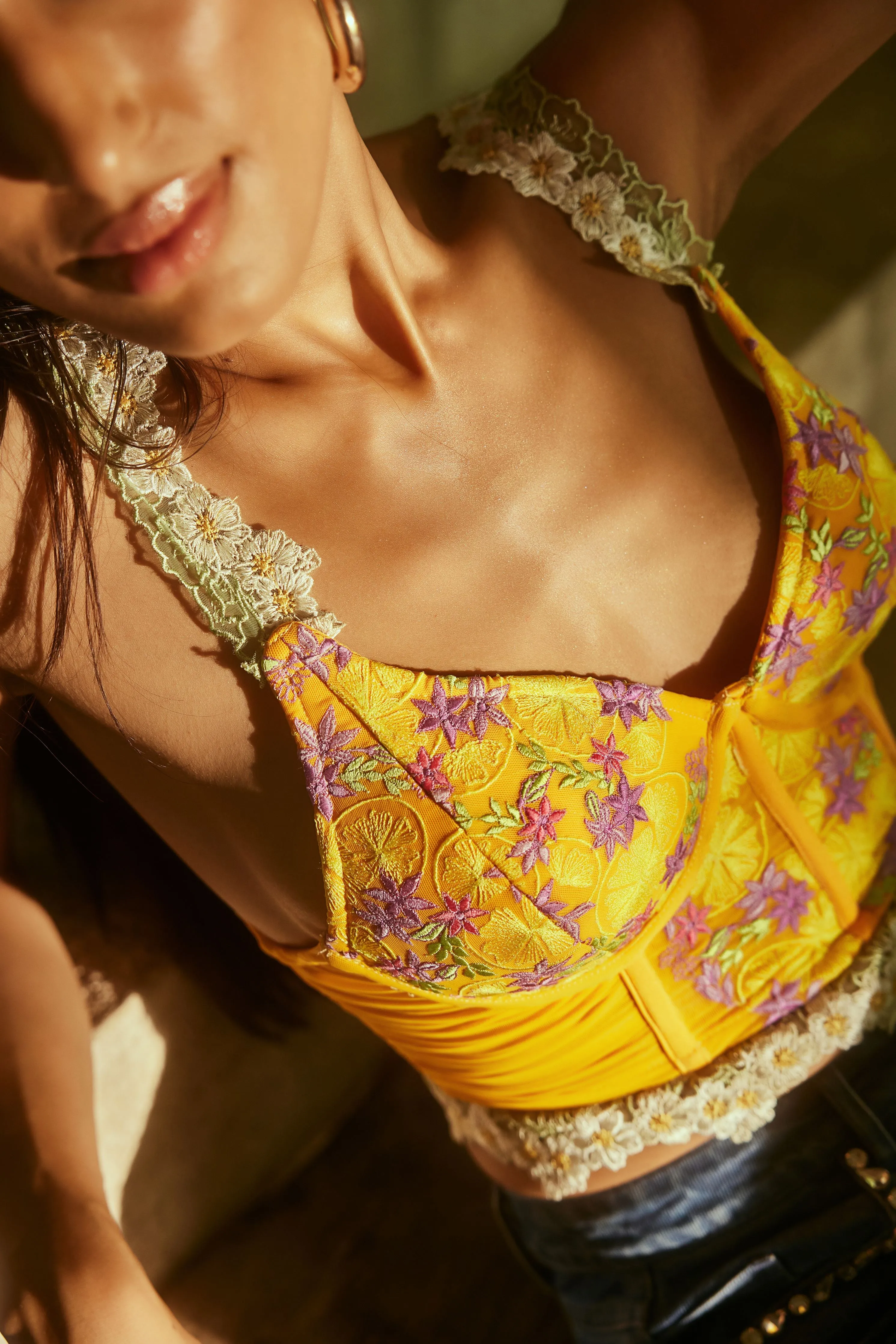 Lemon Yellow Embroidered Longline Corset Bra