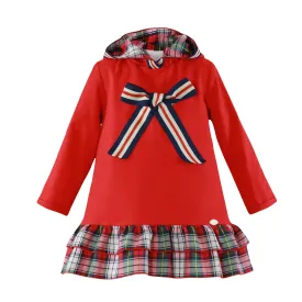 Miranda - Girl's Red & Navy Tartan Trim Hooded Dress