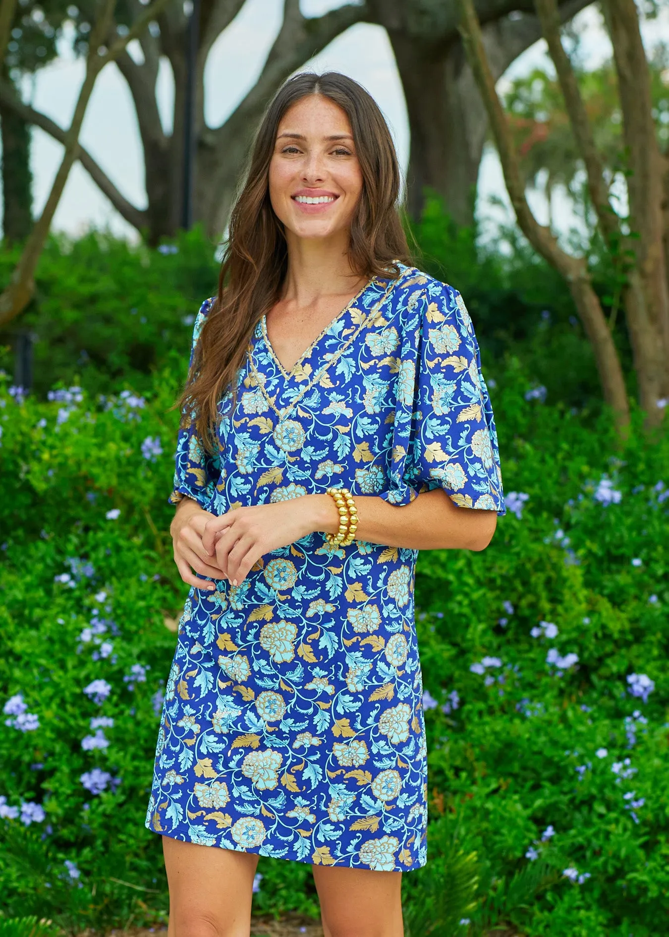 Navy Floral Metallic Embroidered Flutter Sleeve Shift Dress