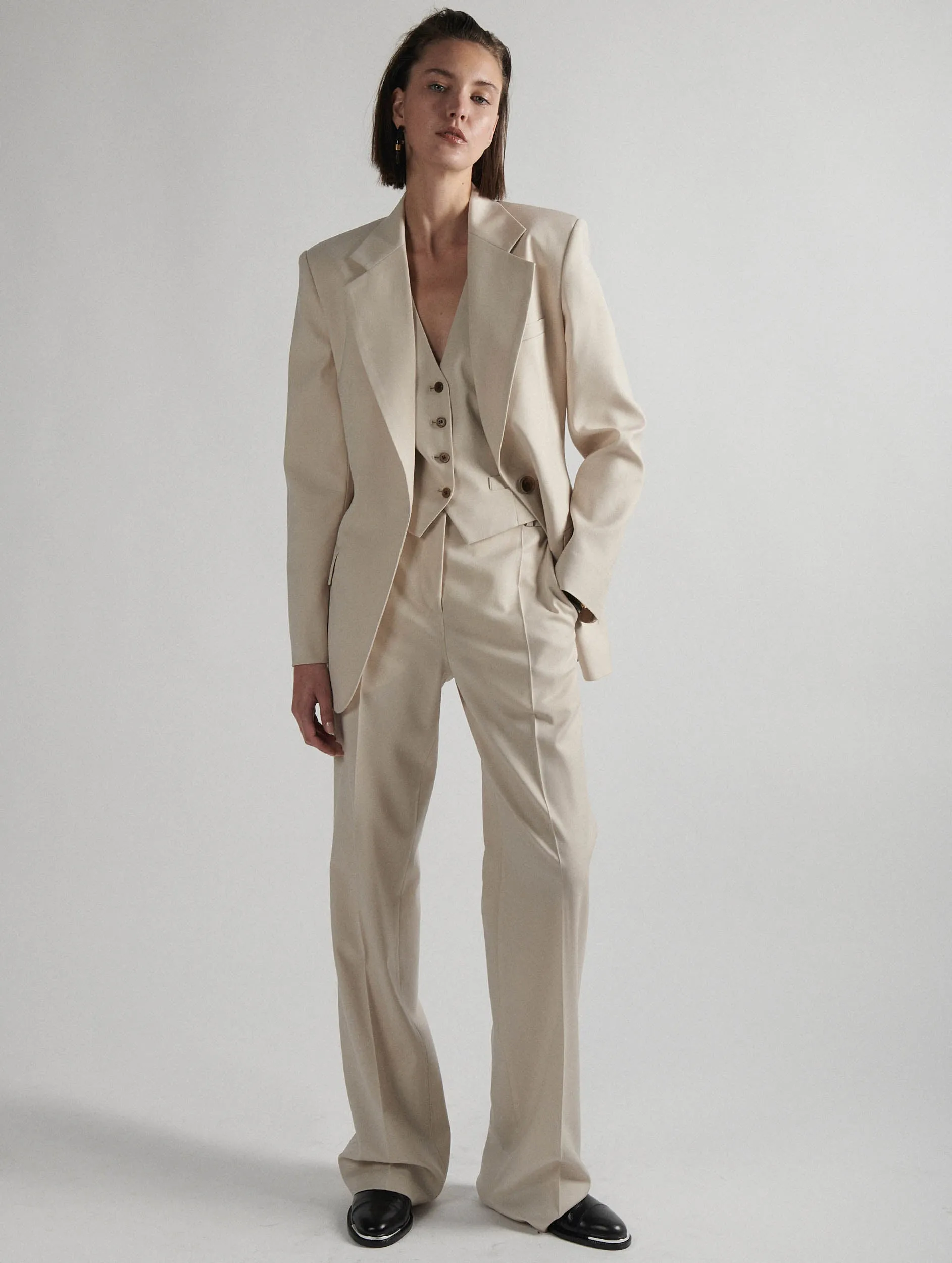 Off-white wool gabardine high-waisted trousers