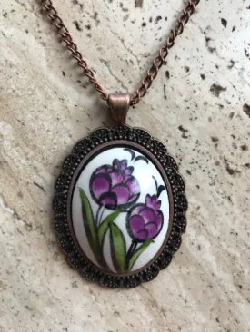 Oval Shaped Pendant Hand Painted Red & Purple Tulip