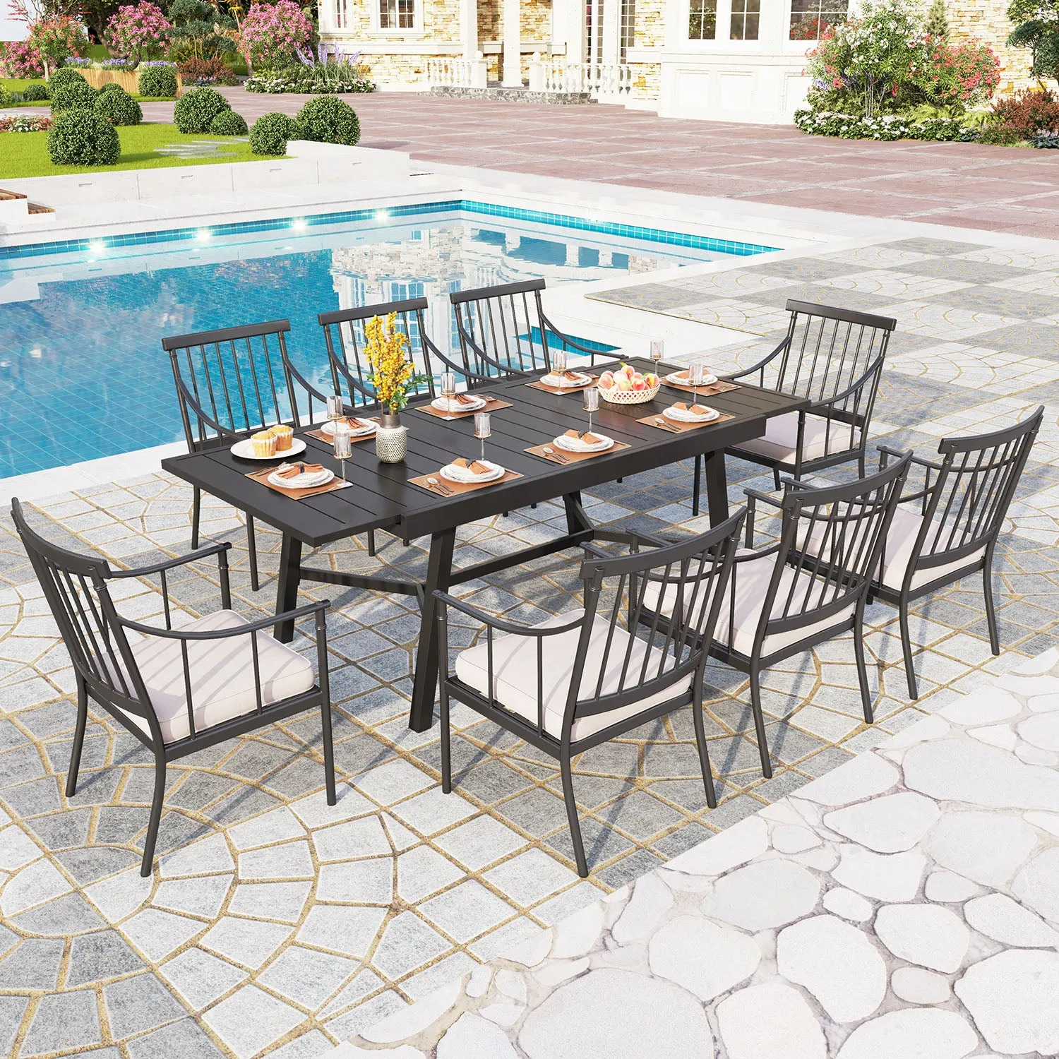 Phi Villa 7 / 9-Piece Outdoor Dining Set with Adjustable Table & Fashionable Dining Arm Chairs