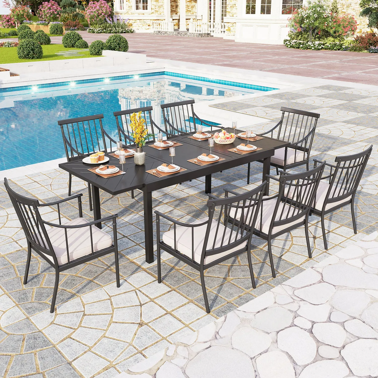 Phi Villa 7 / 9-Piece Outdoor Dining Set with Adjustable Table & Fashionable Dining Arm Chairs