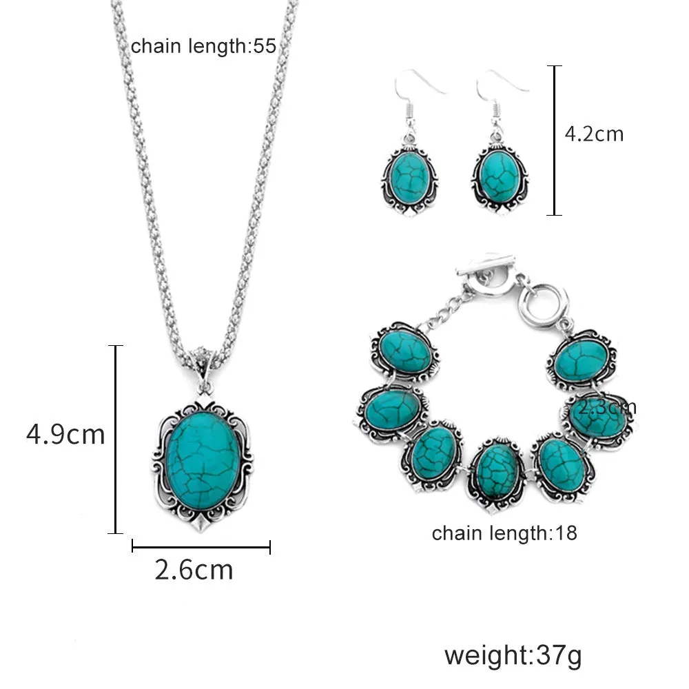 Retro Ethnic Style Turquoise Necklace Earrings Bracelet Set