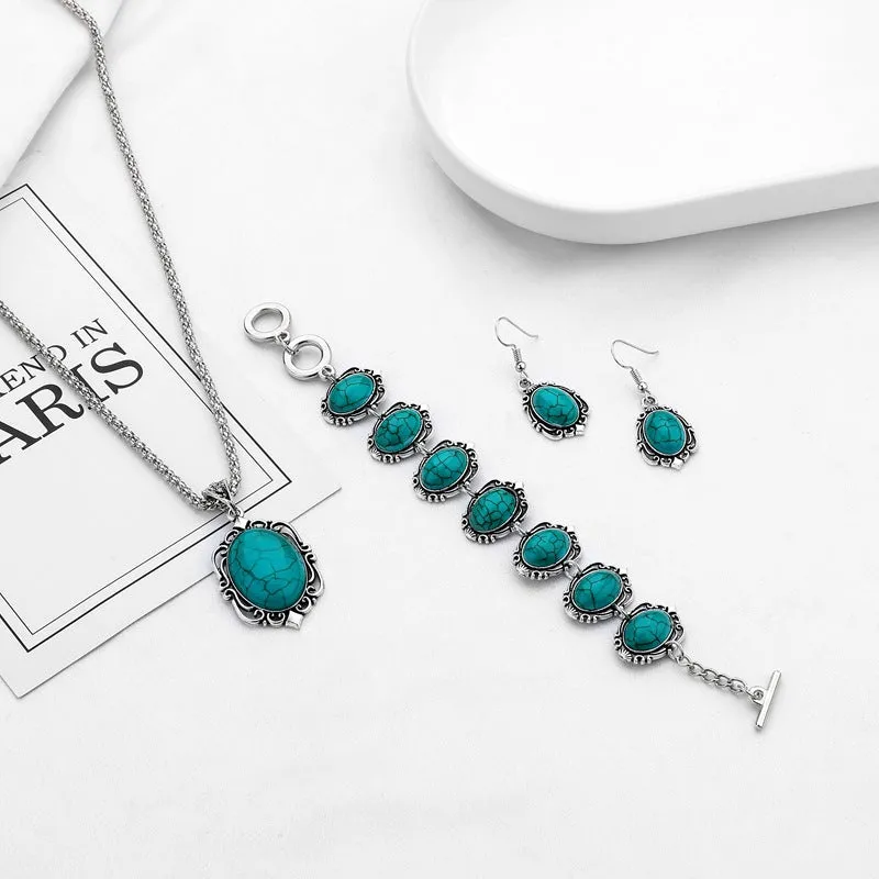 Retro Ethnic Style Turquoise Necklace Earrings Bracelet Set