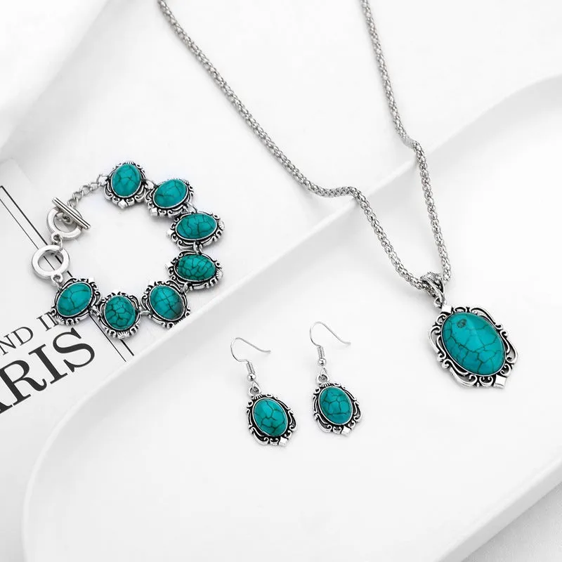 Retro Ethnic Style Turquoise Necklace Earrings Bracelet Set