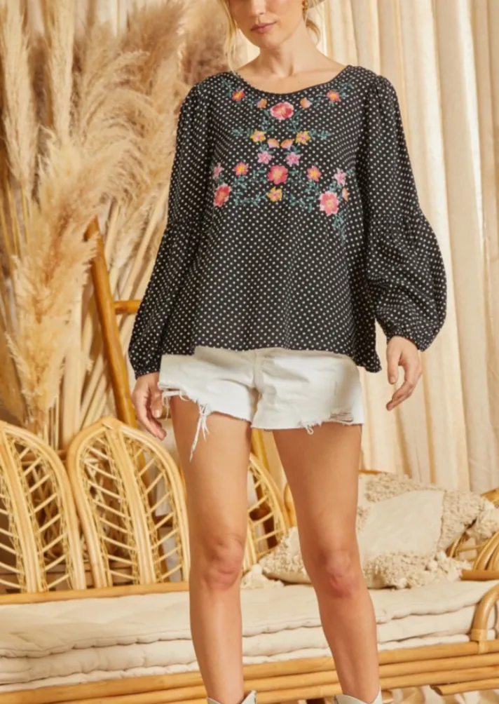 Savanna Jane Floral Embroidery Polka Dot Top~FINAL SALE