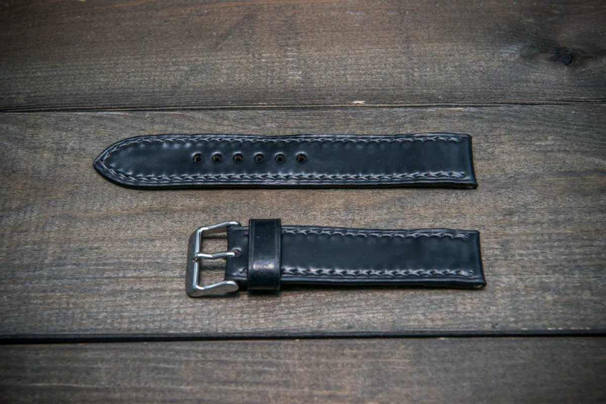 Shell Cordovan leather watch strap , Black. Handmade in Finland - 10 mm, 12 mm, 14 mm, 16mm, 17 mm, 18mm, 19 mm, 20mm, 21 mm, 22mm, 23 mm, 24mm, 25 mm, 26 mm.