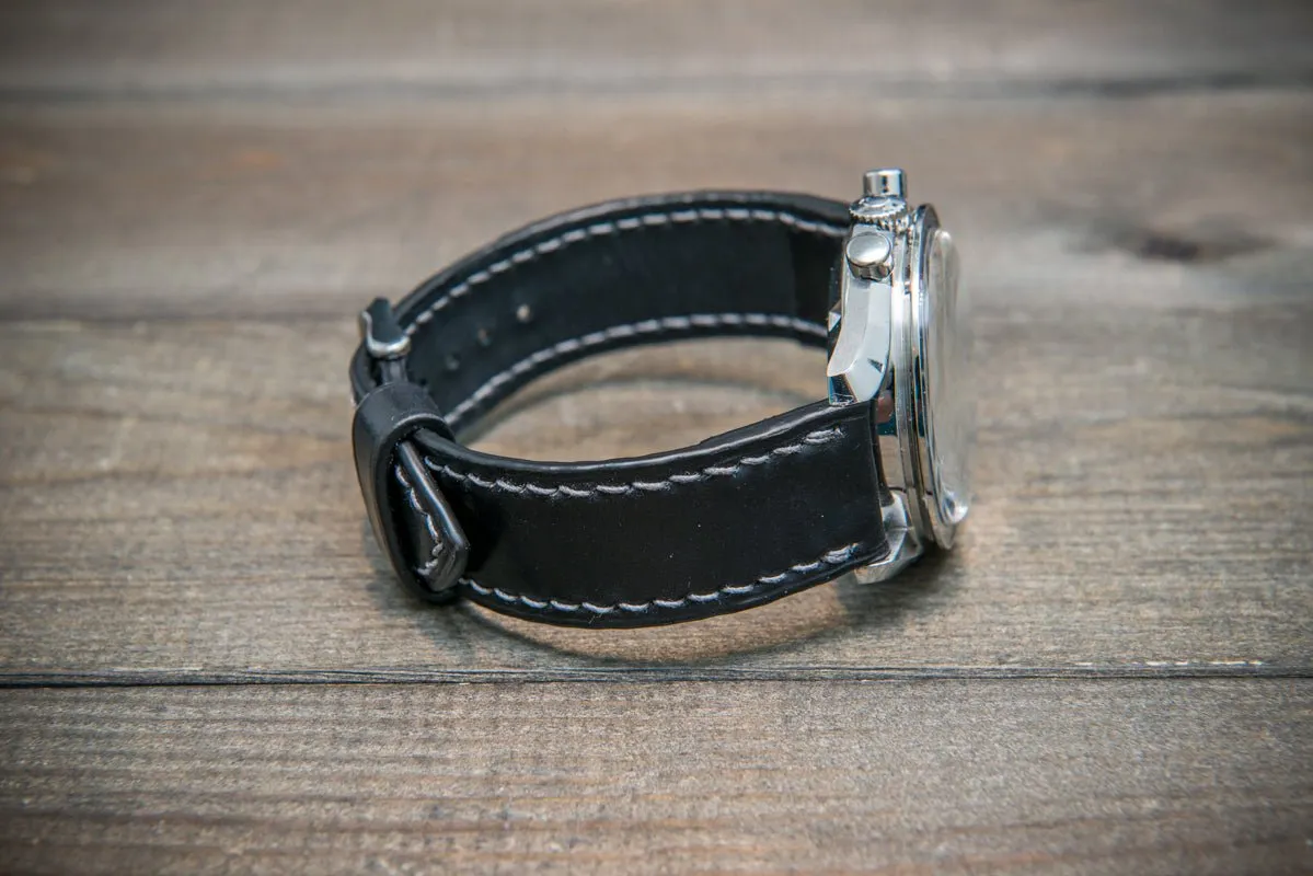 Shell Cordovan leather watch strap , Black. Handmade in Finland - 10 mm, 12 mm, 14 mm, 16mm, 17 mm, 18mm, 19 mm, 20mm, 21 mm, 22mm, 23 mm, 24mm, 25 mm, 26 mm.