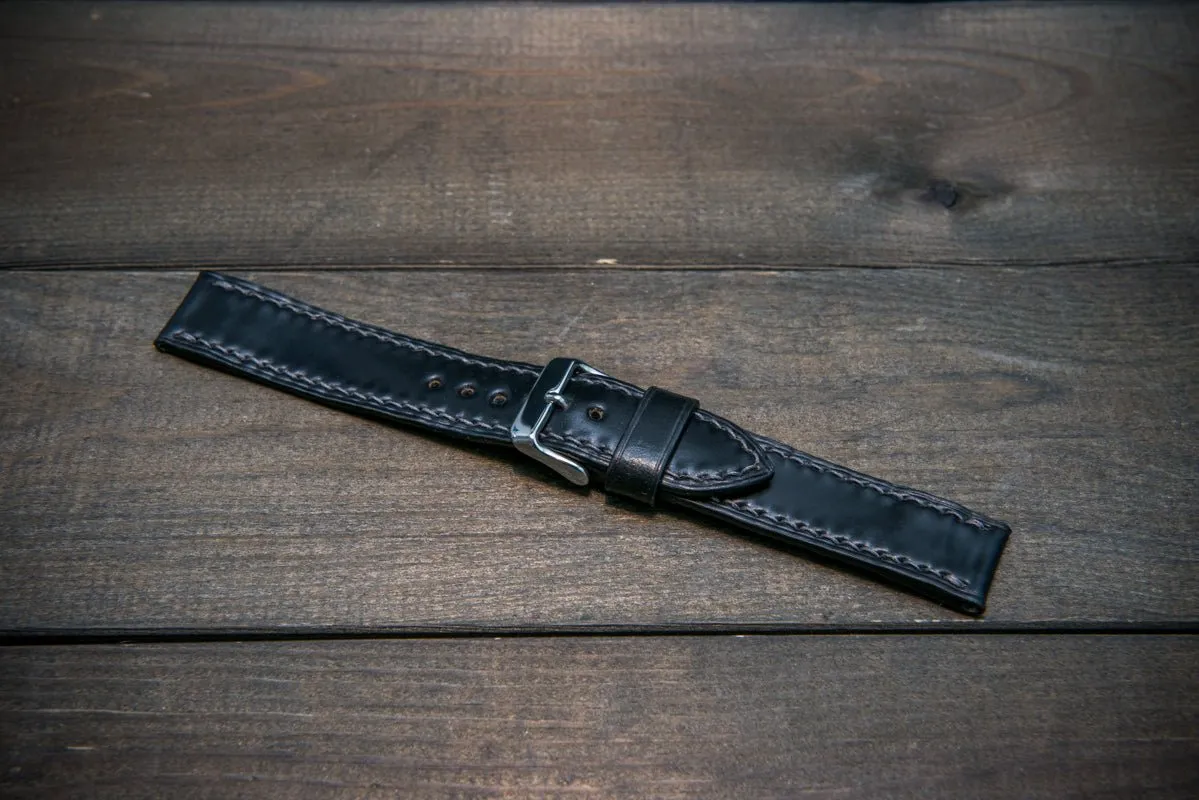 Shell Cordovan leather watch strap , Black. Handmade in Finland - 10 mm, 12 mm, 14 mm, 16mm, 17 mm, 18mm, 19 mm, 20mm, 21 mm, 22mm, 23 mm, 24mm, 25 mm, 26 mm.