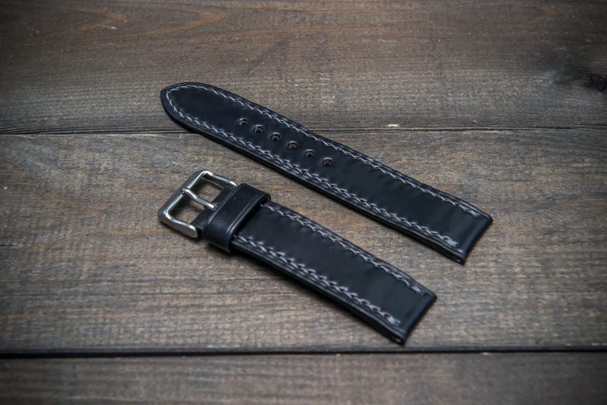 Shell Cordovan leather watch strap , Black. Handmade in Finland - 10 mm, 12 mm, 14 mm, 16mm, 17 mm, 18mm, 19 mm, 20mm, 21 mm, 22mm, 23 mm, 24mm, 25 mm, 26 mm.