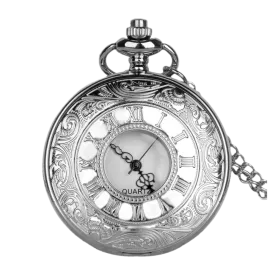 Silver Analog Quartz Engraved Demi Pocket Watch