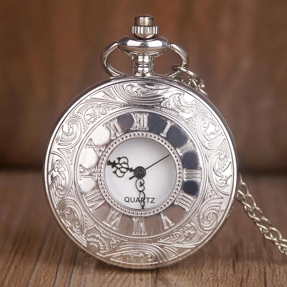 Silver Analog Quartz Engraved Demi Pocket Watch