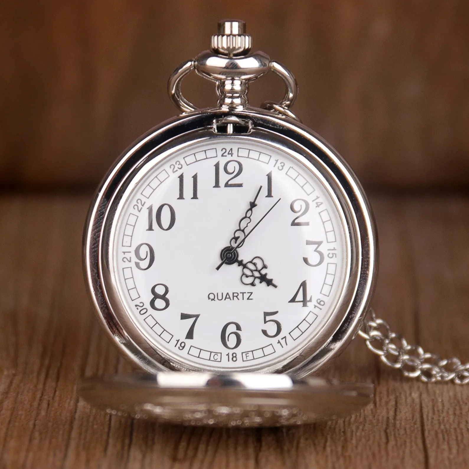 Silver Analog Quartz Engraved Demi Pocket Watch