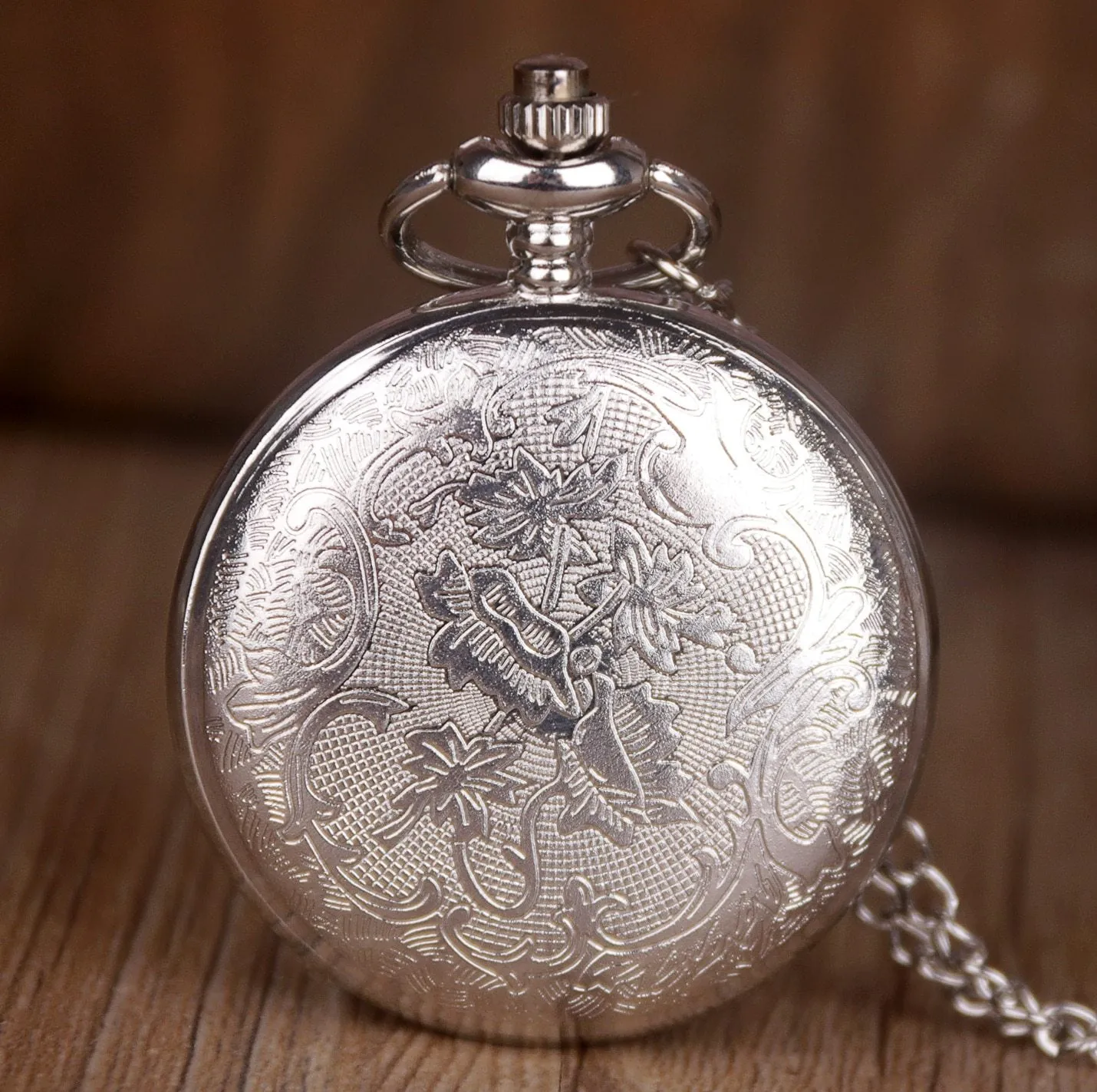 Silver Analog Quartz Engraved Demi Pocket Watch