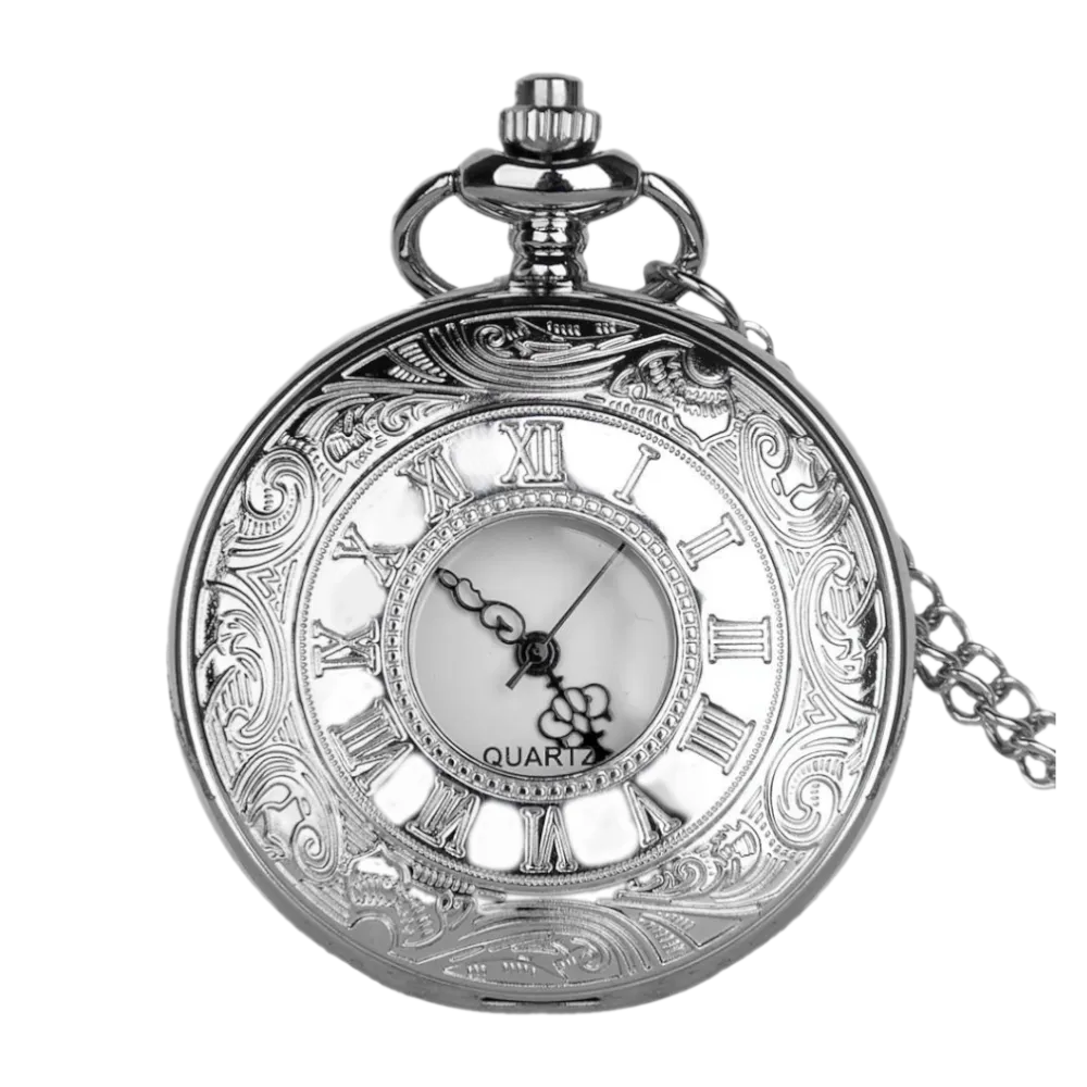 Silver Analog Quartz Engraved Demi Pocket Watch