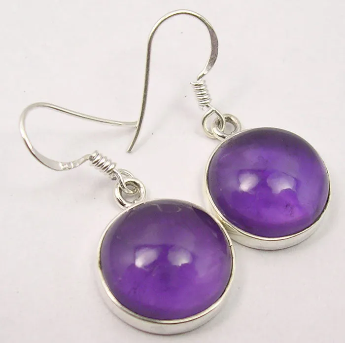 Solid Silver Amethyst Cabochon Disc Drop Earrings