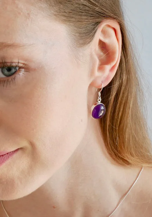 Solid Silver Amethyst Cabochon Disc Drop Earrings