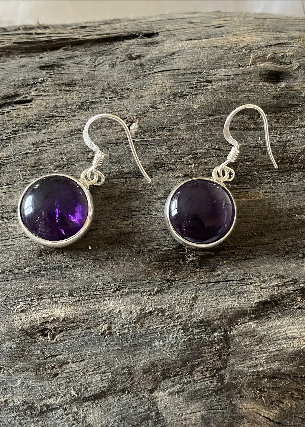 Solid Silver Amethyst Cabochon Disc Drop Earrings