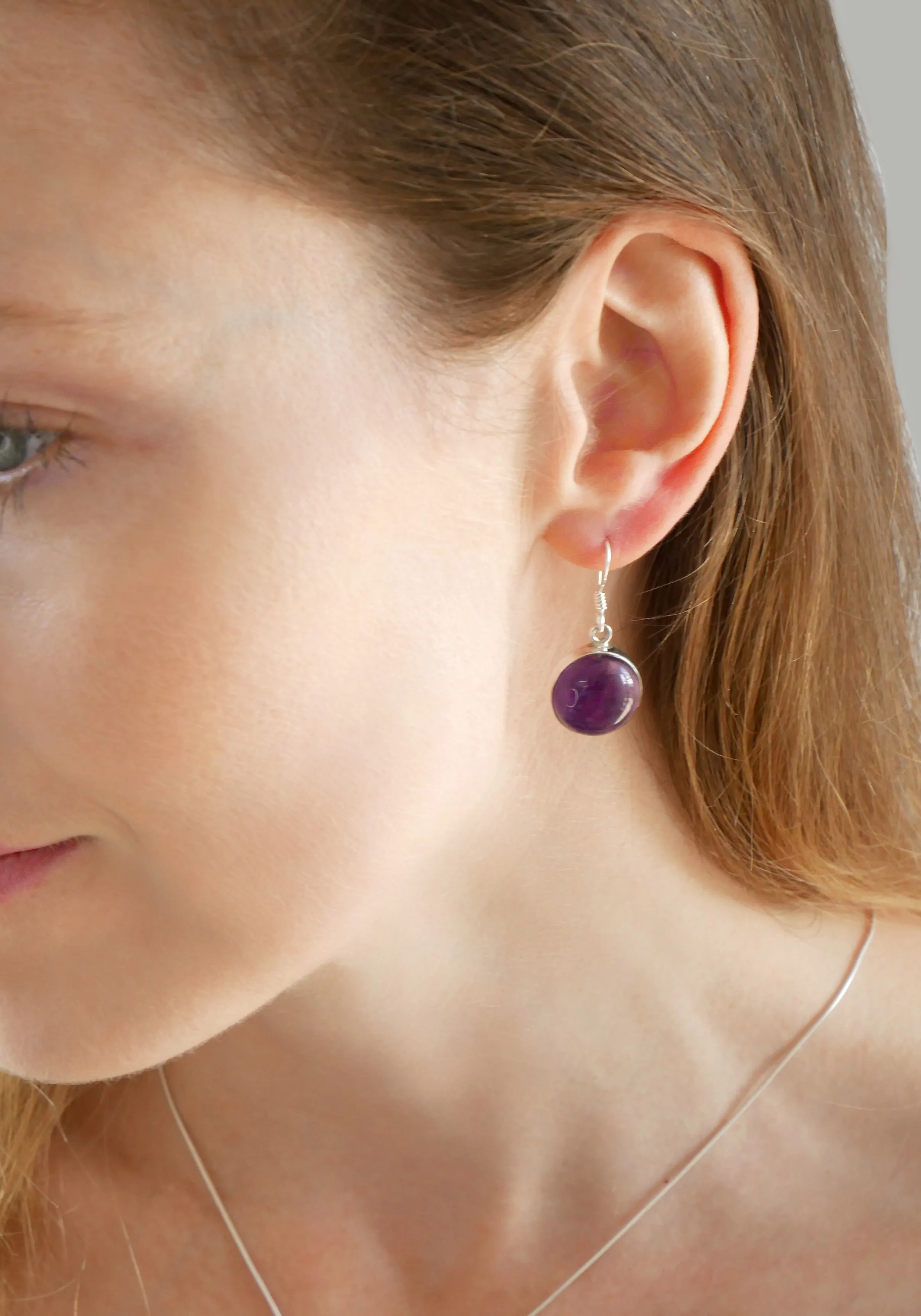 Solid Silver Amethyst Cabochon Disc Drop Earrings