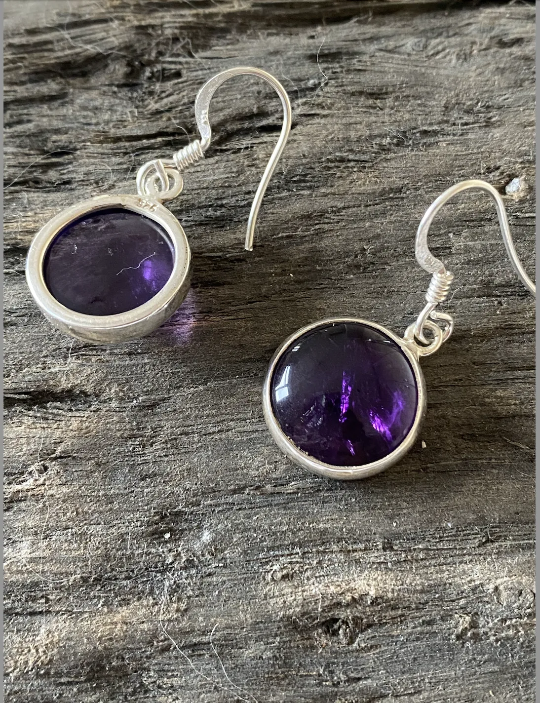 Solid Silver Amethyst Cabochon Disc Drop Earrings