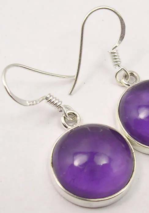 Solid Silver Amethyst Cabochon Disc Drop Earrings