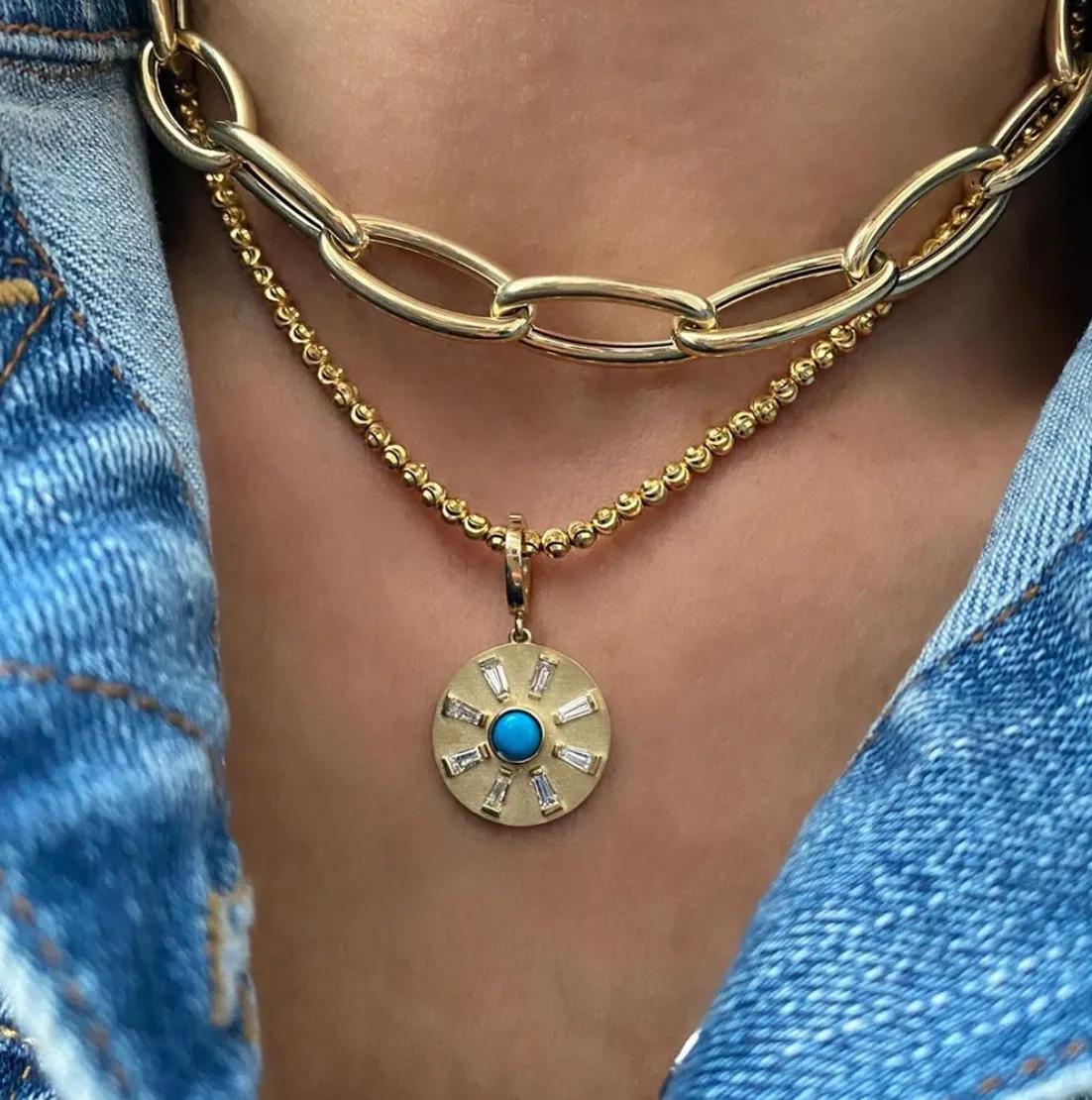 Turquoise Evil Eye With Baguette Ray Disc Charm