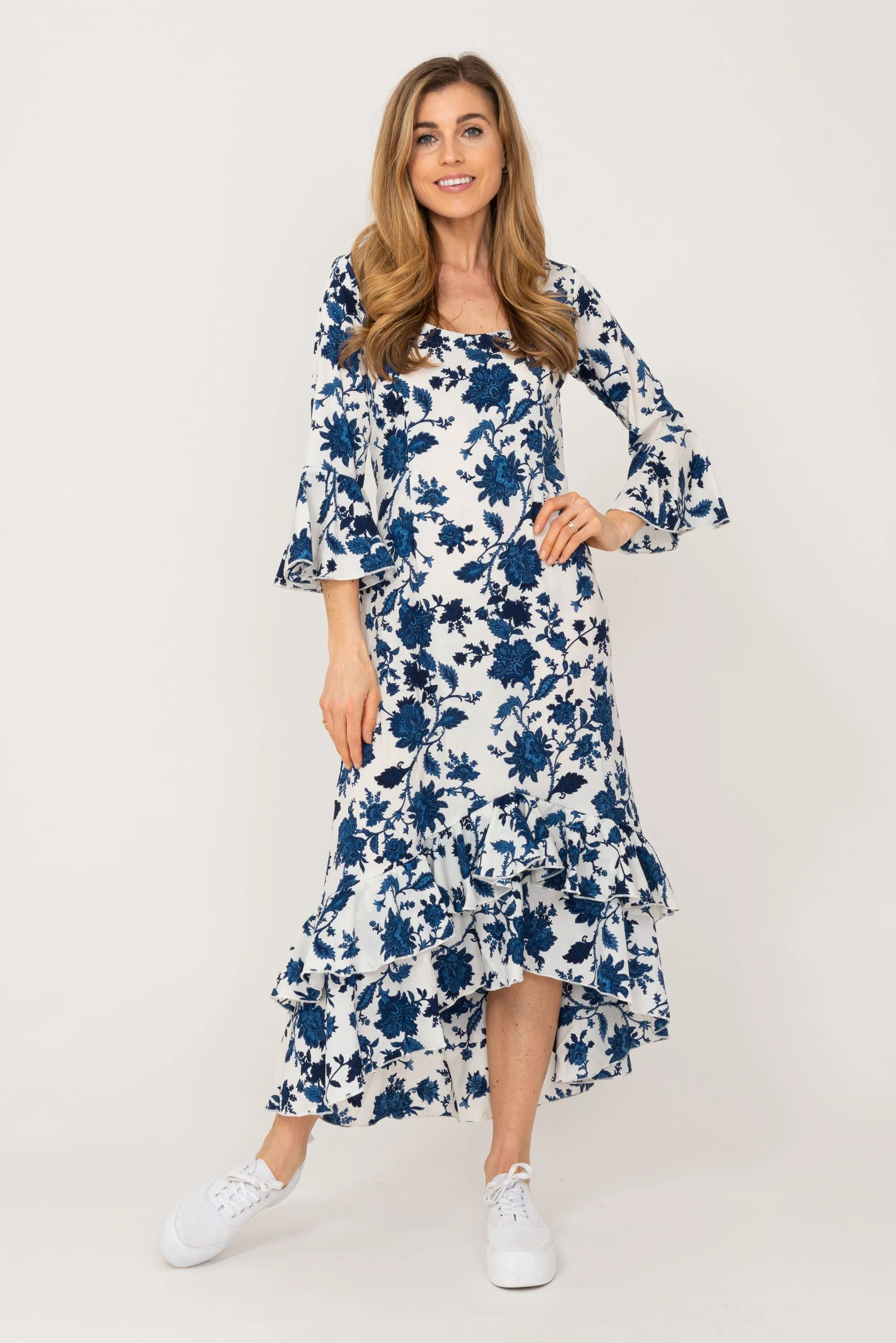 Victoria Midi Dress Blue and White Flower