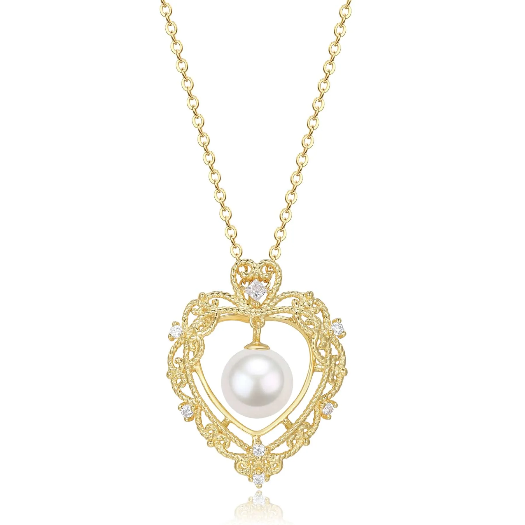 Vintage Hollow Heart Freshwater Pearl Pendant Necklace