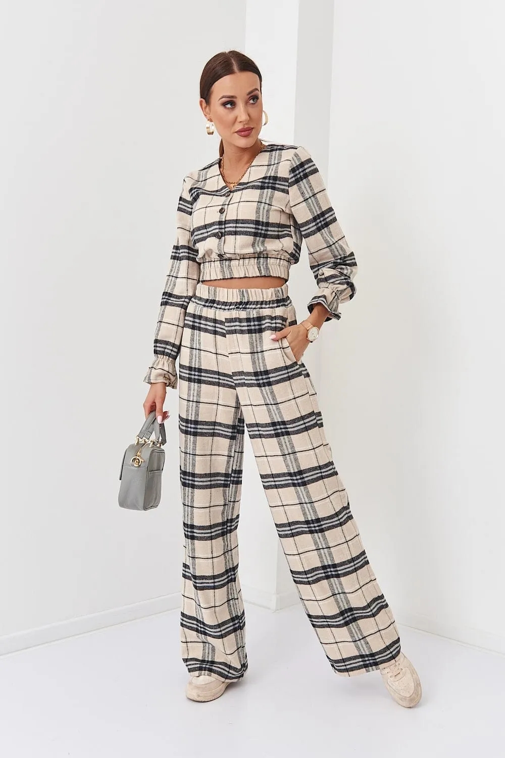 Women's checkered flannel set light beige 5026