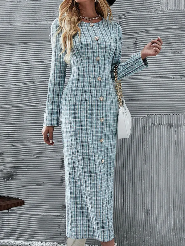 Women's Checkered Print Long Length Fitted Dress